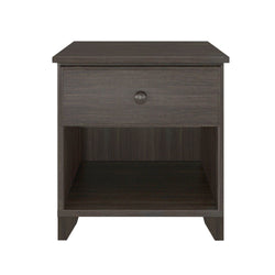 Dark walnut wooden nightstand with drawer and open shelf, modern bedroom furniture.