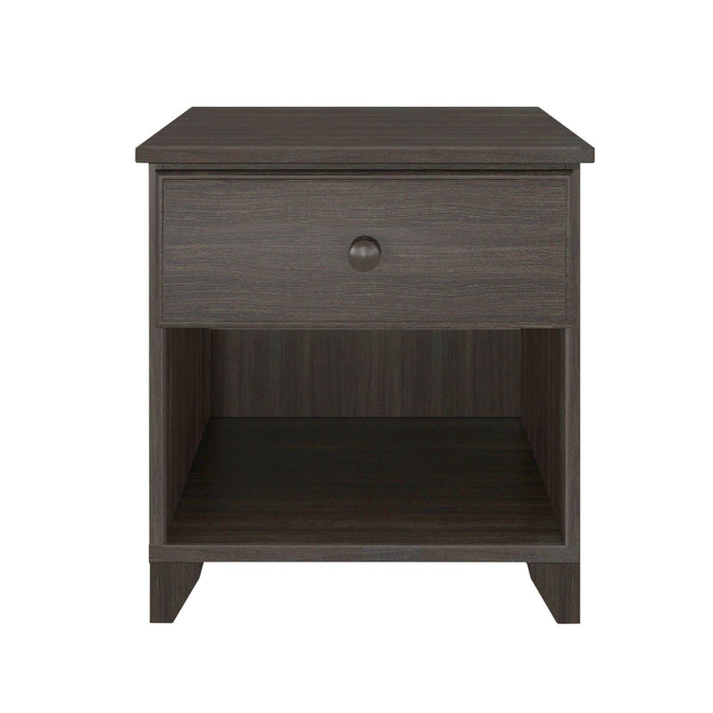 Dark walnut wooden nightstand with drawer and open shelf, modern bedroom furniture.
