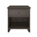 Dark walnut wooden nightstand with drawer and open shelf, modern bedroom furniture.