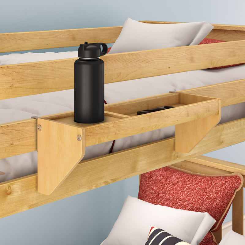 Wooden bed with integrated shelf, displaying a black water bottle on the railing, featuring pillows for a cozy bedroom setup.