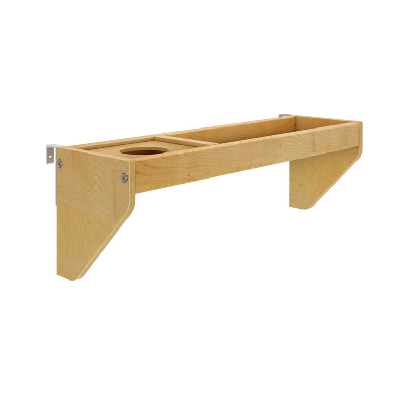 Wooden wall-mounted shelf with cup holder and storage compartments.