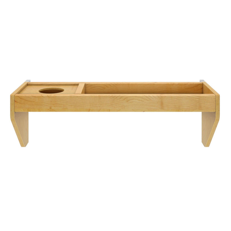 Natural wood tray table with a modern design and cup holder slot.