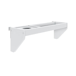 Wall-mounted white shelf with compartments for storage and organization.