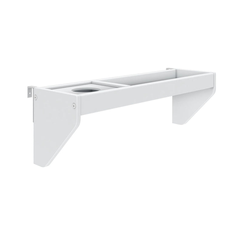 Wall-mounted white shelf with compartments for storage and organization.