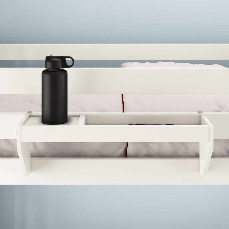 White bed rail shelf with black water bottle, ideal for small storage in loft beds.