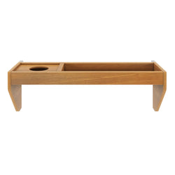Minimalist wooden laptop stand with pen holder and cup slot, perfect for ergonomic desk organization.