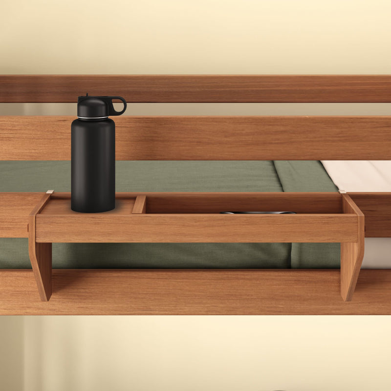 Wooden bedside storage shelf with black water bottle on bunk bed for bedroom organization.