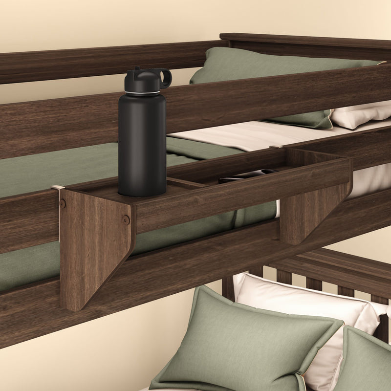 Wooden bunk bed with attached tray holding a black water bottle and green bedding set.