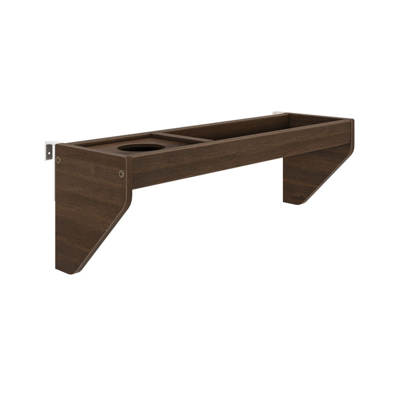 Modern dark wood wall-mounted shelf with cup holder attachment.