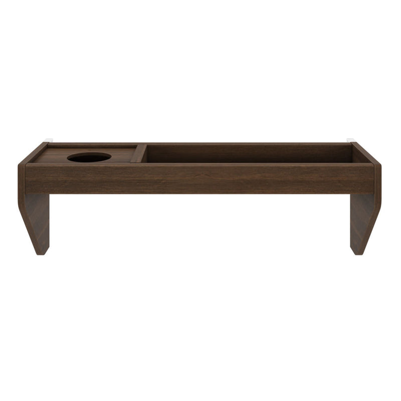 Modern wooden headboard with built-in cup holder and storage shelf, minimalist design.