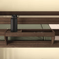 Rustic wooden bunk bed shelf with a matte black water bottle, organized bedroom furniture accessory.