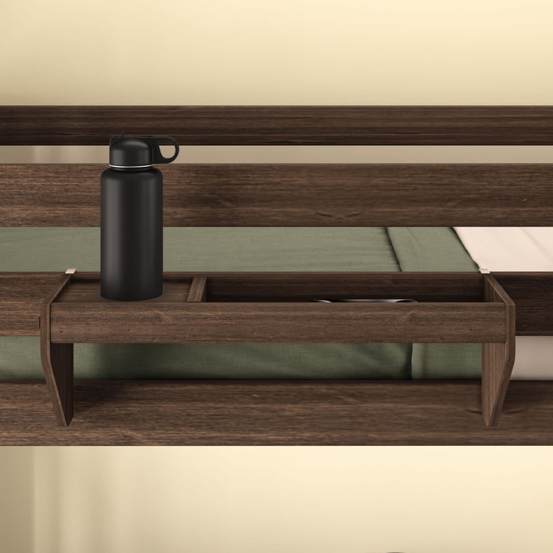 Rustic wooden bunk bed shelf with a matte black water bottle, organized bedroom furniture accessory.