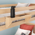 Wooden bunk bed shelf with water bottle and cozy bedding, perfect for maximizing small bedroom storage.
