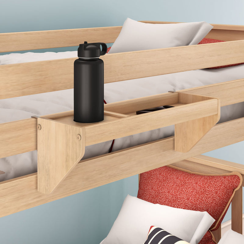 Wooden bunk bed shelf with water bottle and cozy bedding, perfect for maximizing small bedroom storage.