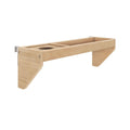 Wooden wall-mounted shelf with modern design and storage compartments.