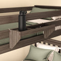 Double bunk bed with storage shelf and water bottle, modern bedroom furniture design.