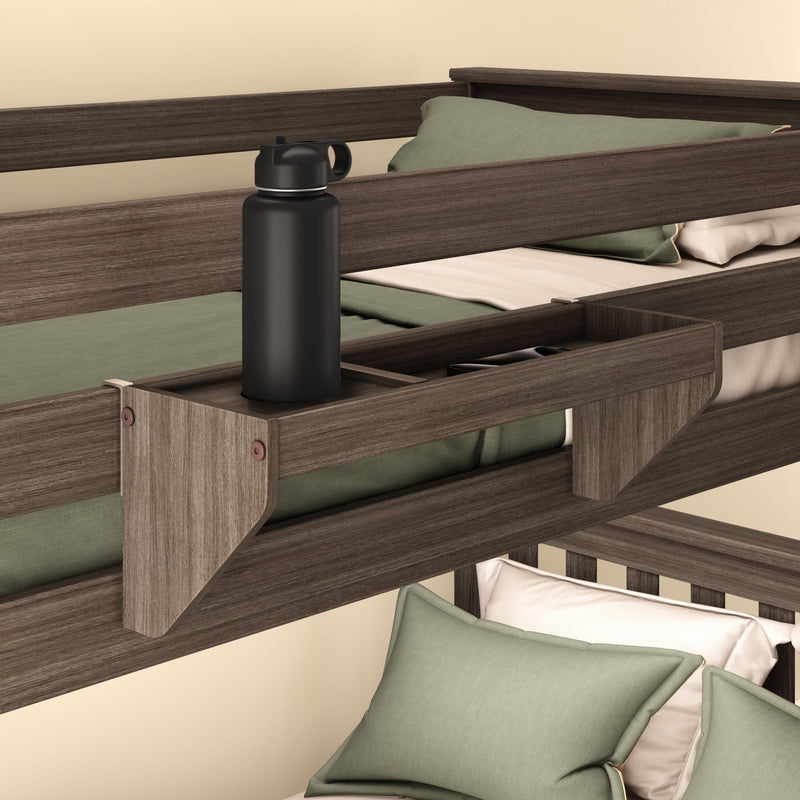 Double bunk bed with storage shelf and water bottle, modern bedroom furniture design.