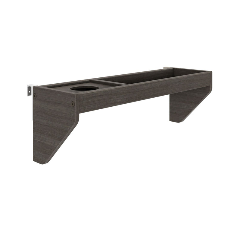 Wall-mounted wooden shelf with compartments for home storage solutions.