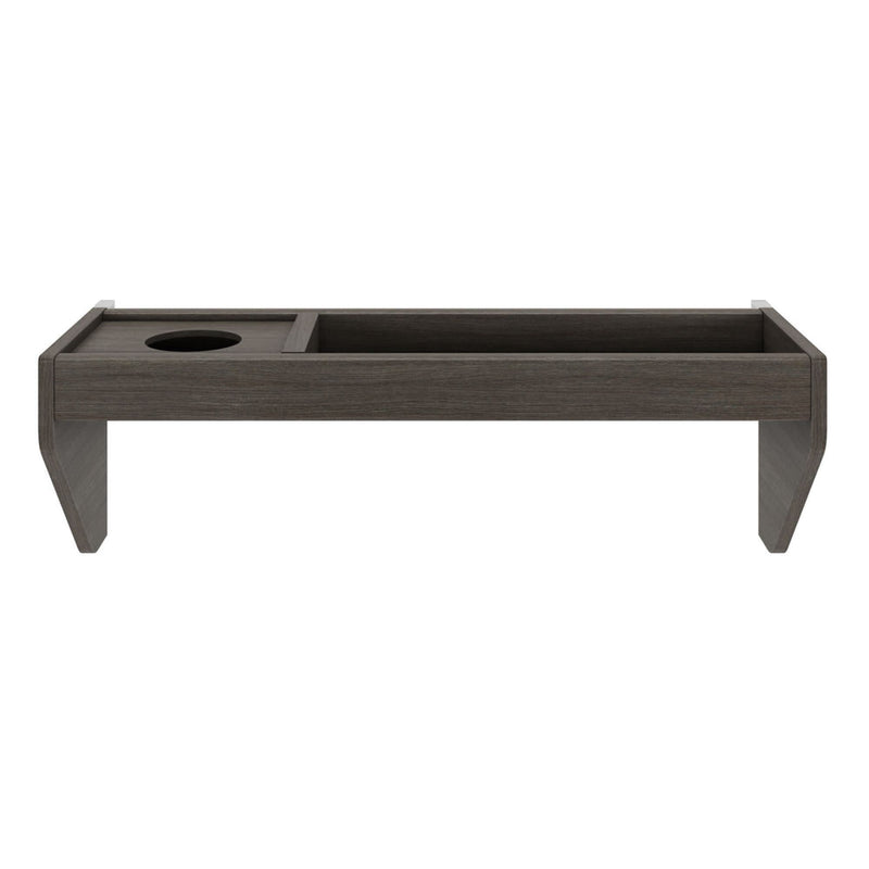 Modern black wooden organizer tray with two compartments and cup holder.