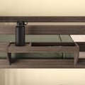 Wooden bed shelf with water bottle and green bedding, ideal for space-saving bedroom storage solutions.