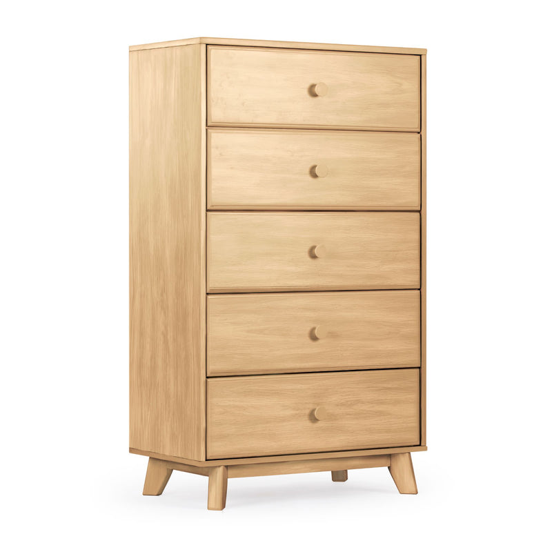 Mid-century modern tall five-drawer dresser in light oak wood with round knobs and angled legs, bedroom storage chest of drawers