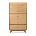 Tall natural wood 5-drawer dresser with round knobs and angled legs, mid-century modern bedroom storage chest in light oak finish