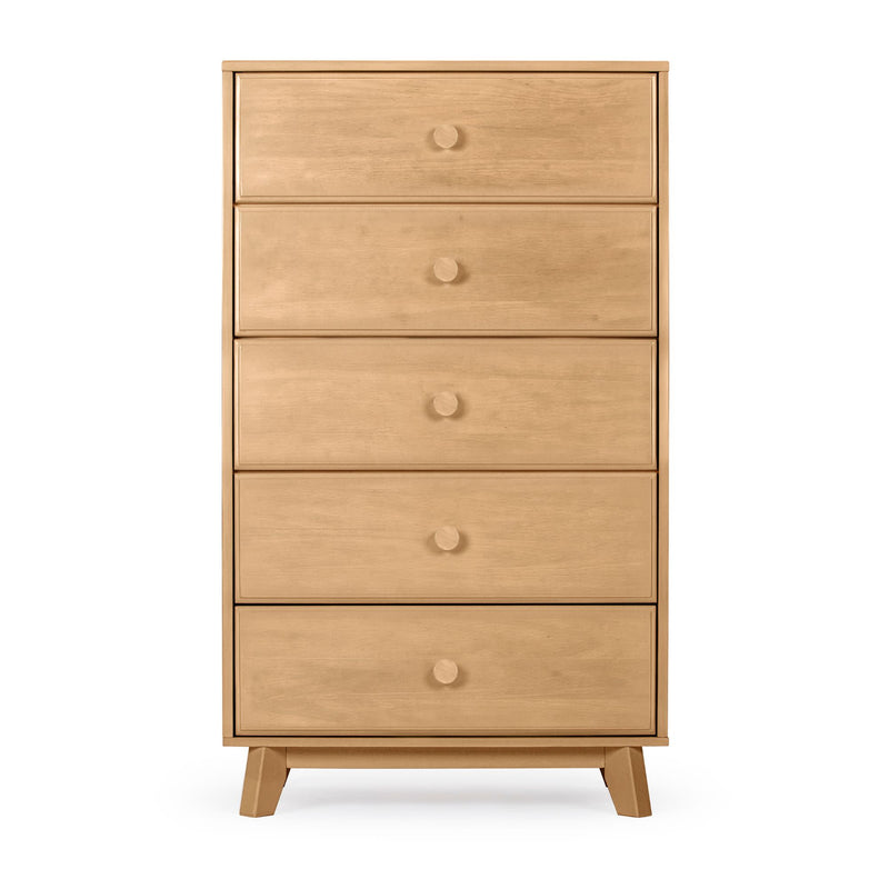 Tall natural wood 5-drawer dresser with round knobs and angled legs, mid-century modern bedroom storage chest in light oak finish
