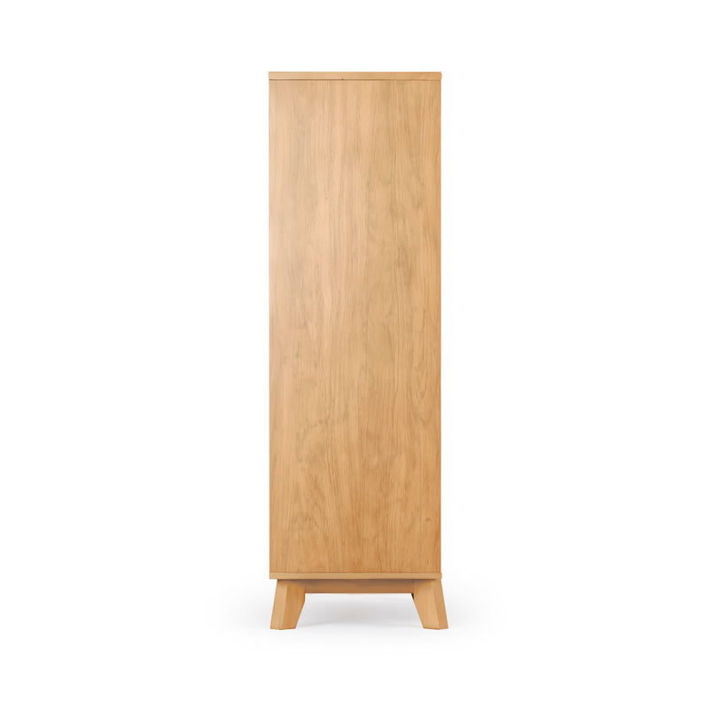Narrow tall oak wardrobe with single door and tapered legs, mid-century modern storage cabinet on white background