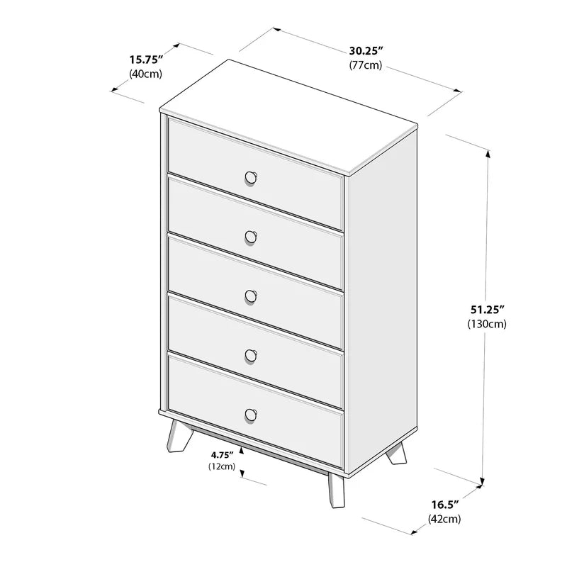 Mid-century modern tall five-drawer dresser chest with angled legs and round knobs for bedroom storage, 30.25" W x 16.5" D x 51.25" H (77 x 42 x 130 cm)