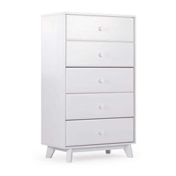 White tall dresser five-drawer chest with round knob pulls and tapered mid-century modern legs, wooden bedroom storage cabinet