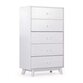 White tall dresser five-drawer chest with round knob pulls and tapered mid-century modern legs, wooden bedroom storage cabinet