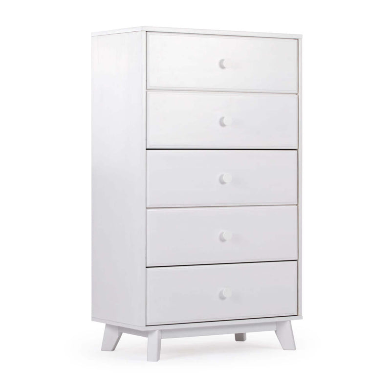 White tall dresser five-drawer chest with round knob pulls and tapered mid-century modern legs, wooden bedroom storage cabinet