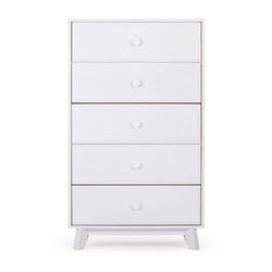 Tall modern white 5-drawer dresser chest with round knobs and angled legs, minimalist bedroom storage furniture
