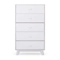 Tall modern white 5-drawer dresser chest with round knobs and angled legs, minimalist bedroom storage furniture