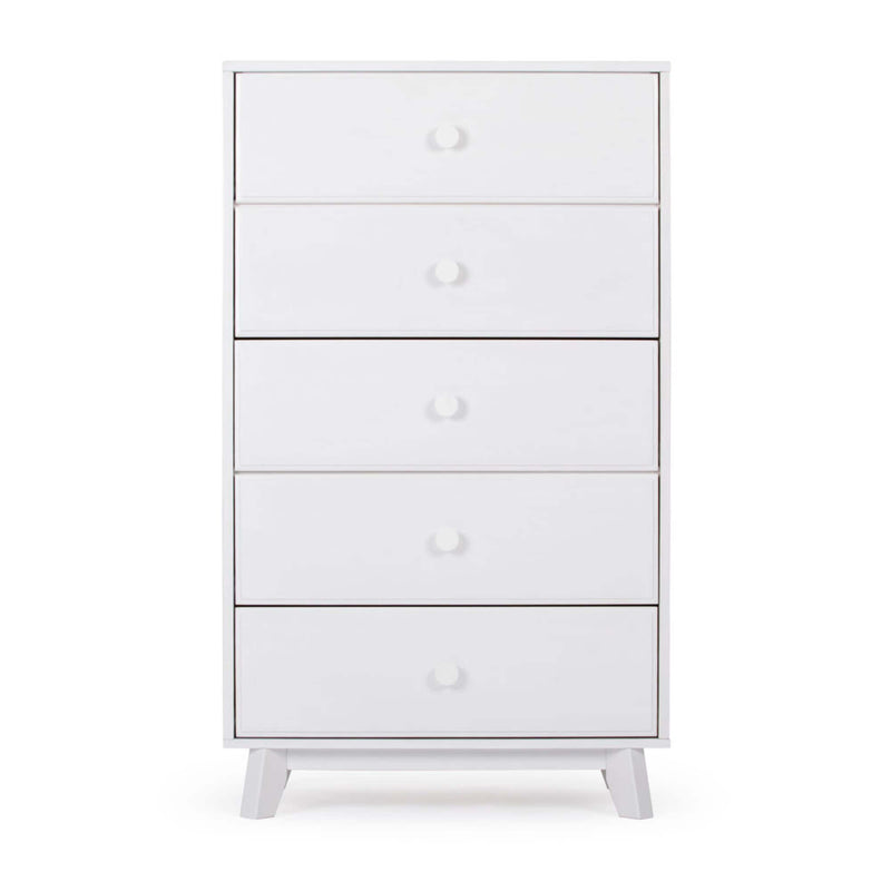 Tall modern white 5-drawer dresser chest with round knobs and angled legs, minimalist bedroom storage furniture