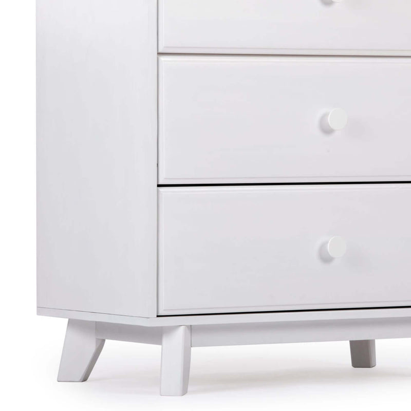 White mid-century modern wooden dresser with two drawers, round knobs and tapered legs, minimalist bedroom storage chest