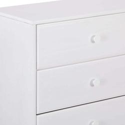 White wooden three-drawer dresser with round knobs, minimalist modern bedroom storage chest