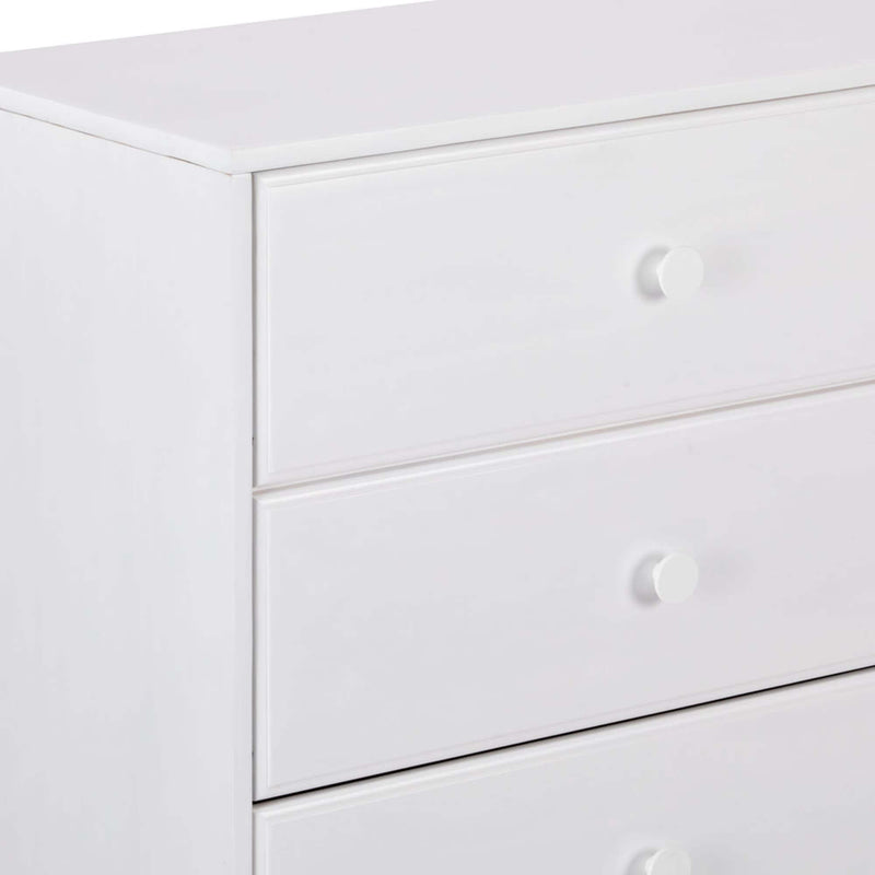 White wooden three-drawer dresser with round knobs, minimalist modern bedroom storage chest