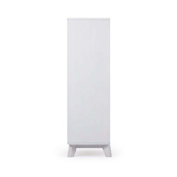 Modern narrow white freestanding storage cabinet with tapered legs for bathroom, hallway, or bedroom linen storage
