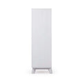 Modern narrow white freestanding storage cabinet with tapered legs for bathroom, hallway, or bedroom linen storage