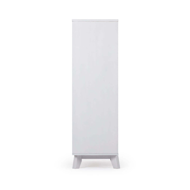 Modern narrow white freestanding storage cabinet with tapered legs for bathroom, hallway, or bedroom linen storage