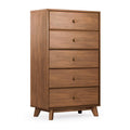 Mid-century modern five-drawer wooden dresser in walnut finish, tall chest of drawers on angled legs for bedroom storage