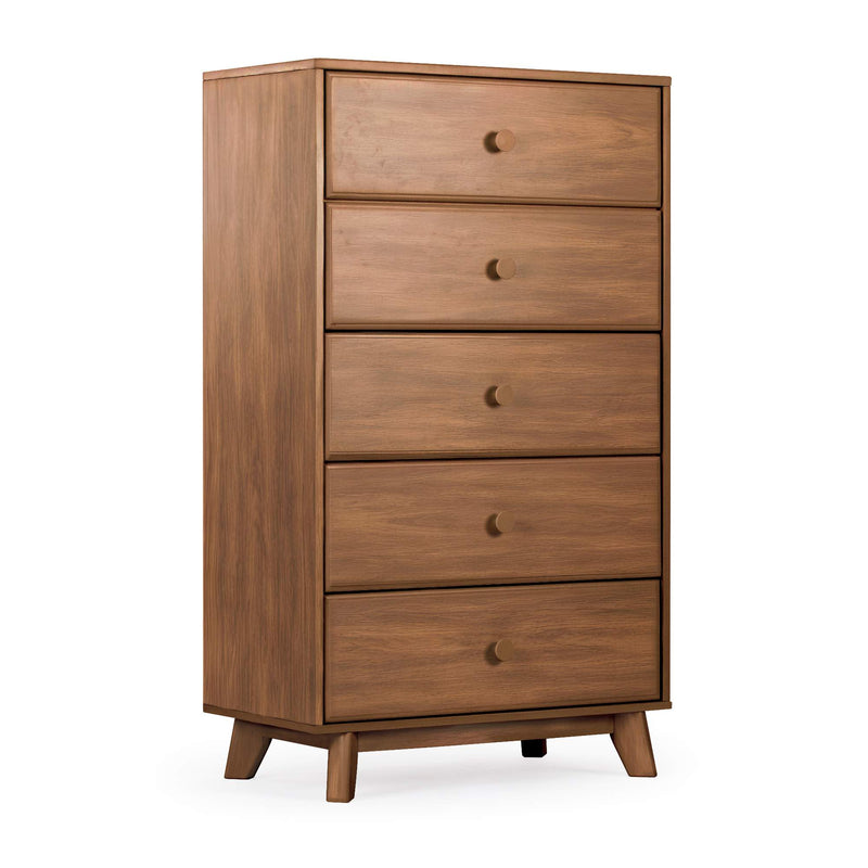 Mid-century modern five-drawer wooden dresser in walnut finish, tall chest of drawers on angled legs for bedroom storage