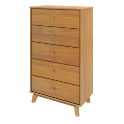 Modern wooden five-drawer dresser with mid-century design.