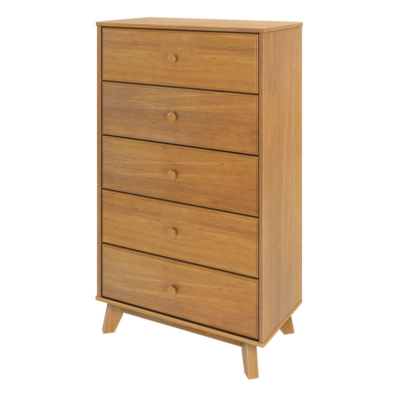 Modern wooden five-drawer dresser with mid-century design.