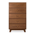 Mid-century modern tall five-drawer wooden dresser chest of drawers in walnut finish with round knobs and angled legs for bedroom storage