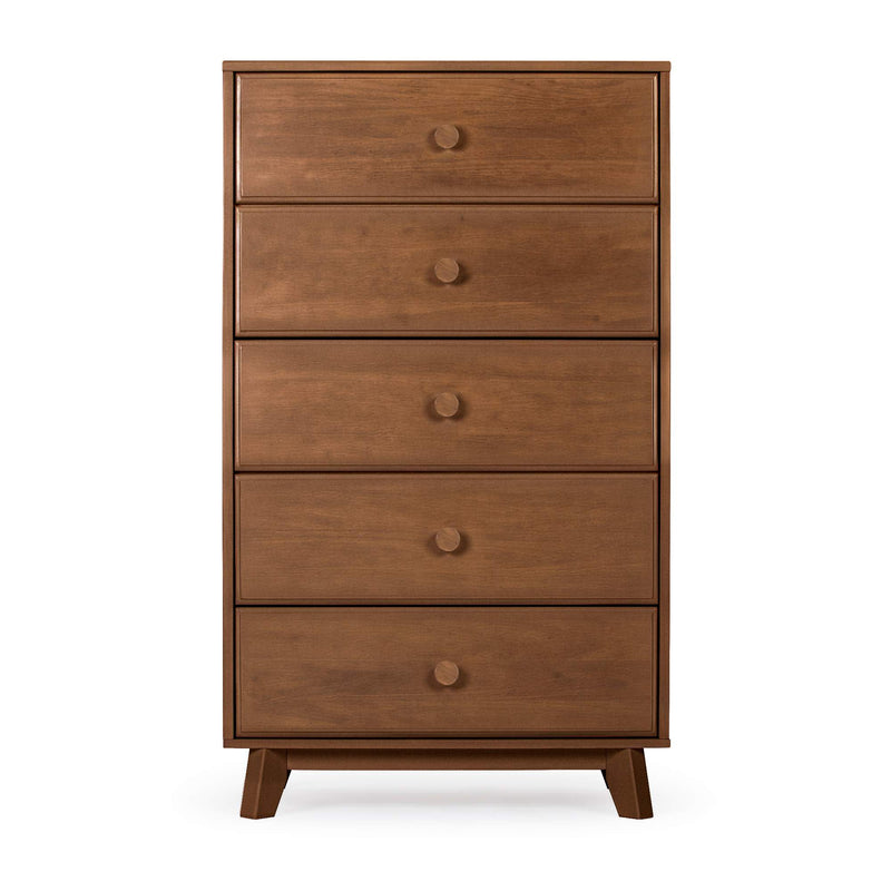 Mid-century modern tall five-drawer wooden dresser chest of drawers in walnut finish with round knobs and angled legs for bedroom storage