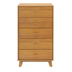 Wooden chest of drawers with five compartments, featuring a sleek minimalist design for modern bedroom storage solutions.
