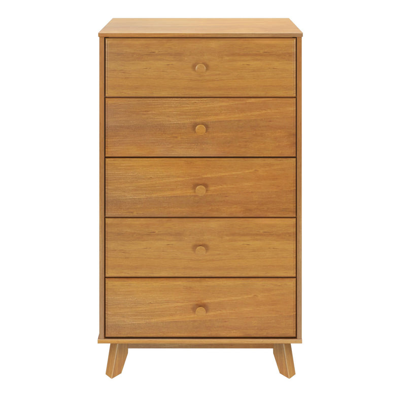 Wooden chest of drawers with five compartments, featuring a sleek minimalist design for modern bedroom storage solutions.