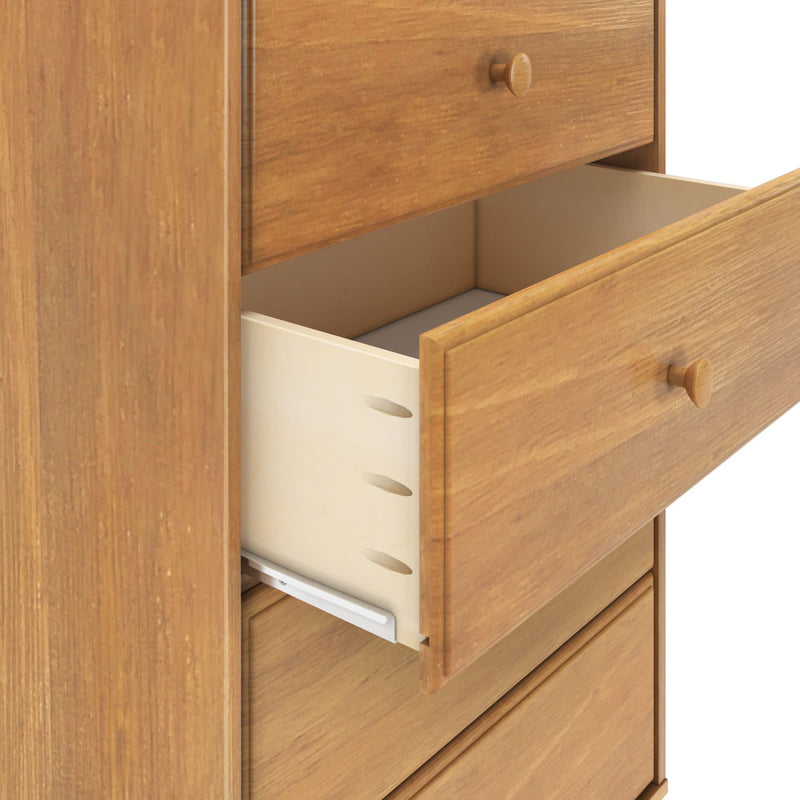 Wooden dresser with open drawer showcasing storage space and craftsmanship.